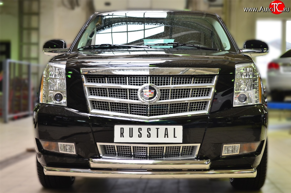 22 299 р. Защита переднего бампера (2 трубыØ76 мм, нержавейка) Russtal Cadillac Escalade GMT926 джип 5 дв. короткая база (2006-2014)  с доставкой в г. Москва