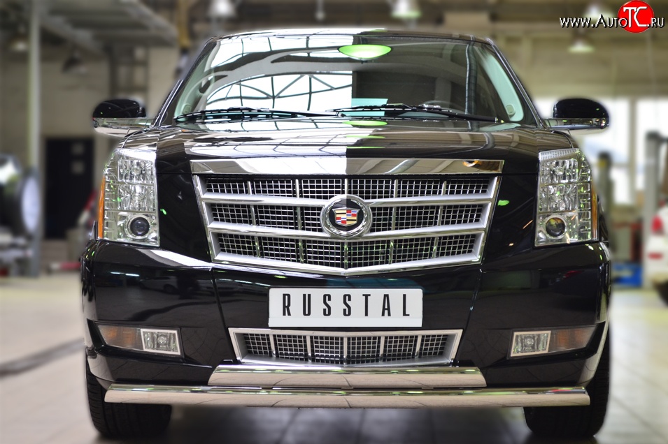 25 999 р. Защита переднего бампера (2 трубыØ75х42 мм, нержавейка) Russtal  Cadillac Escalade  GMT926 джип 5 дв. (2006-2014) короткая база  с доставкой в г. Москва