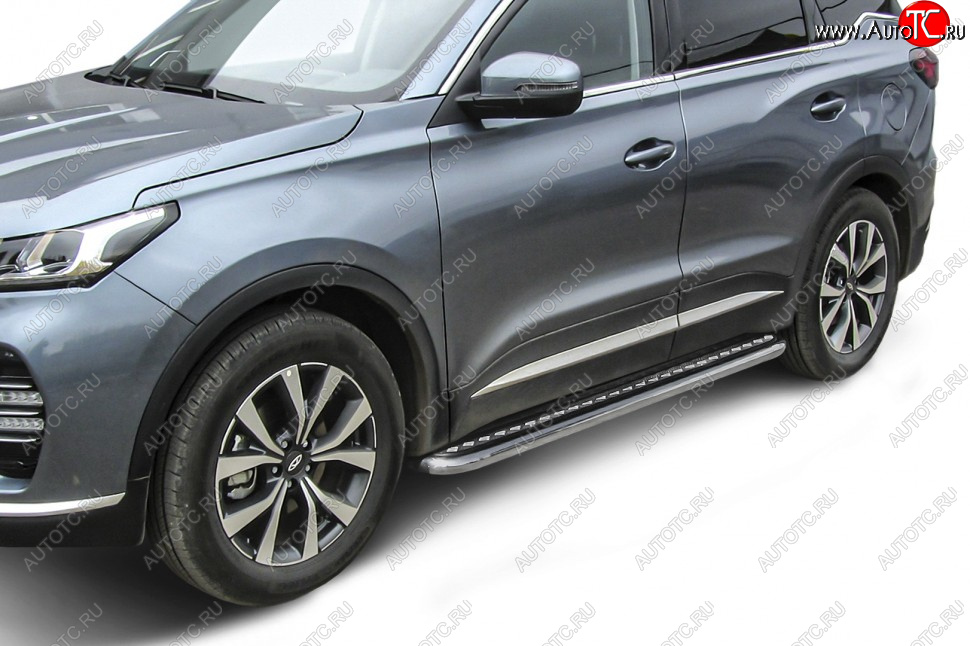 15 499 р. Защита порогов Slitkoff (Ø 57 мм, с листом) Chery Tiggo 7 PRO (2019-2025) (Нержавеющая сталь)  с доставкой в г. Москва