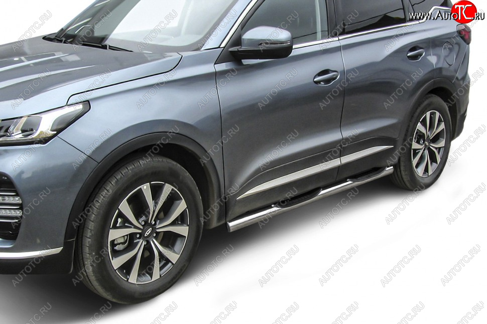 17 899 р. Защита порогов Slitkoff (Ø 76 мм, с проступями)  Chery Tiggo 7 PRO (2019-2025) (Нержавеющая сталь)  с доставкой в г. Москва