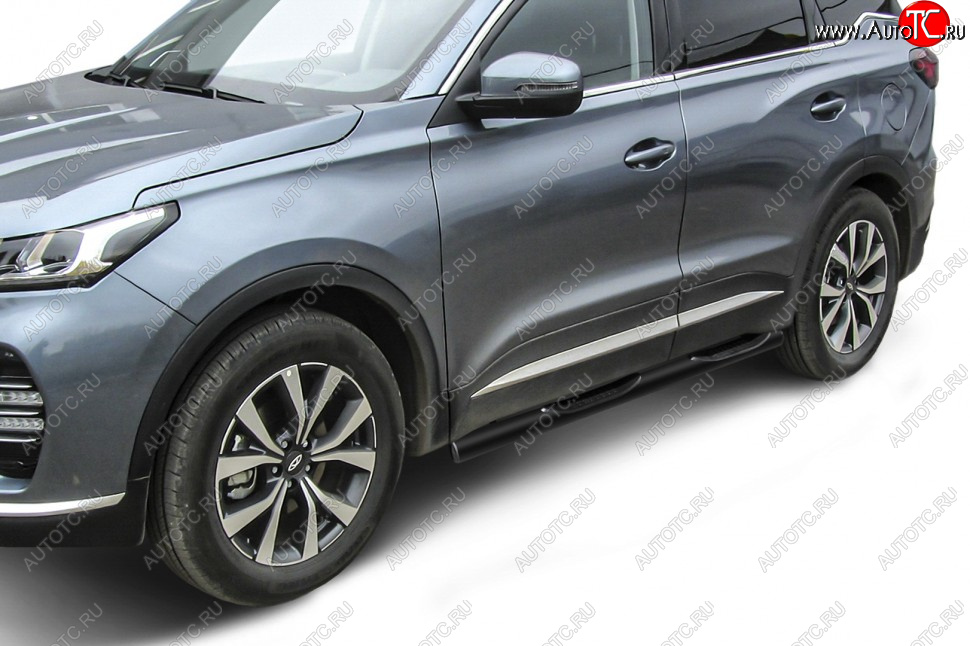 12 499 р. Защита порогов Slitkoff (Ø 76 мм, с проступями).  Chery Tiggo 7 PRO (2019-2025) (Цвет: черный)  с доставкой в г. Москва