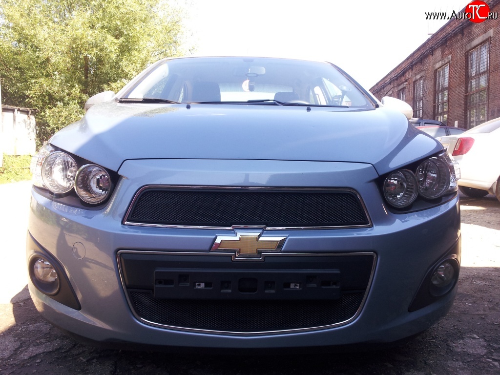 1 469 р. Нижняя сетка на бампер Russtal (черная)  Chevrolet Aveo  T300 (2011-2015) седан, хэтчбек  с доставкой в г. Москва