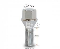 Колёсный болт длиной 24 мм Вектор M12 1.5 24 под гаечный ключ (пос.место: конус) Toyota Raize A210A,A202A,A200A,A201A (2019-2025) 