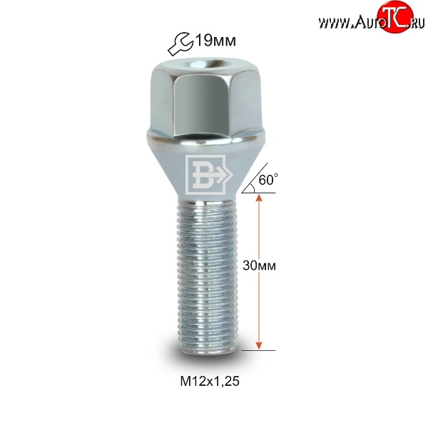 60 р. Колёсный болт длиной 30 мм Вектор M12 1.25 30 под гаечный ключ Opel Crossland P7 Monoclab C) рестайлинг (2020-2025)
