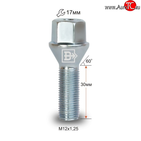 52 р. Колёсный болт длиной 30 мм Вектор M12 1.25 30 под гаечный ключ CITROEN Berlingo B9 рестайлинг (2015-2022)