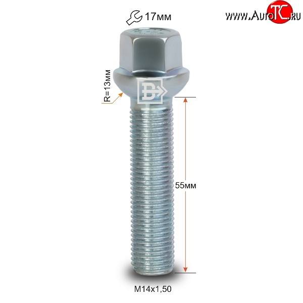 178 р. Колёсный болт длиной 55 мм Вектор M14 1.5 55 под гаечный ключ    с доставкой в г. Москва