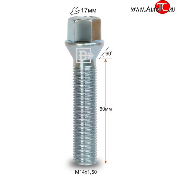 178 р. Колёсный болт длиной 60 мм Вектор M14 1.5 60 под гаечный ключ    с доставкой в г. Москва