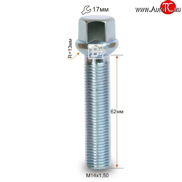 219 р. Колёсный болт длиной 62 мм Вектор M14 1.5 62 под гаечный ключ    с доставкой в г. Москва