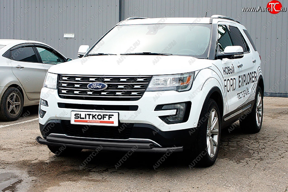 12 999 р. Защита переднего бампера Slitkoff (двойная, d57/57 мм) Ford Explorer U502 1-ый рестайлинг, 5 дв. (2015-2018) (Сталь с полимерным покрытием. Цвет: чёрный)  с доставкой в г. Москва