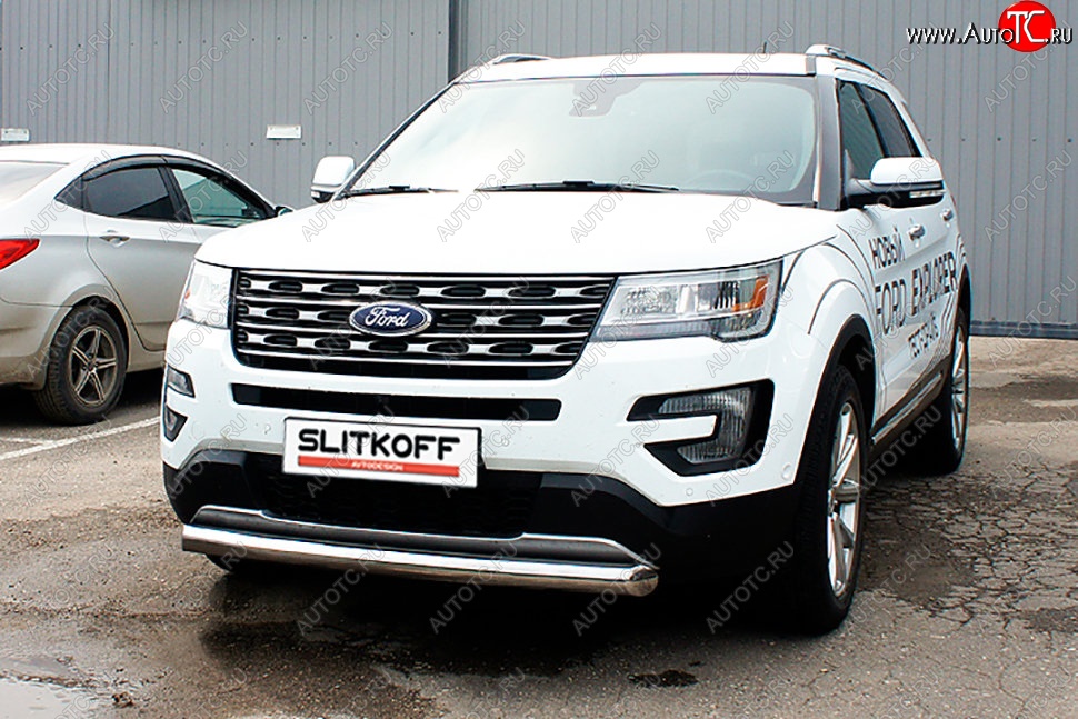 16 749 р. Защита переднего бампера Slitkoff (d76 мм)  Ford Explorer  U502 (2015-2018) 1-ый рестайлинг, 5 дв. (Нержавейка, Полированная)  с доставкой в г. Москва