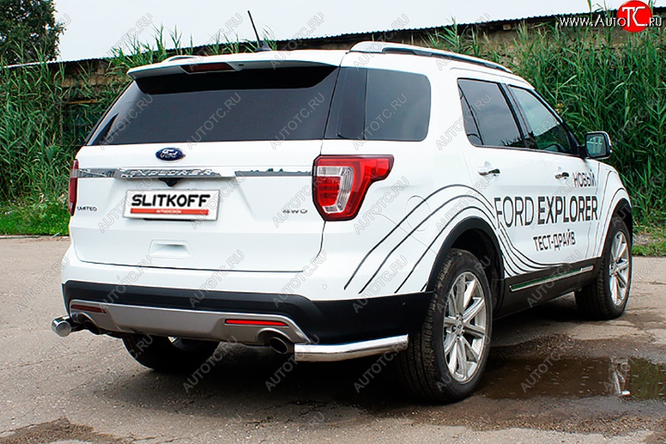 12 699 р. Защита заднего бампера Slitkoff (d76 мм, уголки)  Ford Explorer  U502 (2015-2018) 1-ый рестайлинг, 5 дв. (Нержавейка, Полированная)  с доставкой в г. Москва