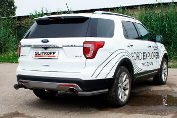 12 699 р. Защита заднего бампера Slitkoff (d76 мм, уголки)  Ford Explorer  U502 (2015-2018) 1-ый рестайлинг, 5 дв. (Нержавейка, Полированная)  с доставкой в г. Москва. Увеличить фотографию 2