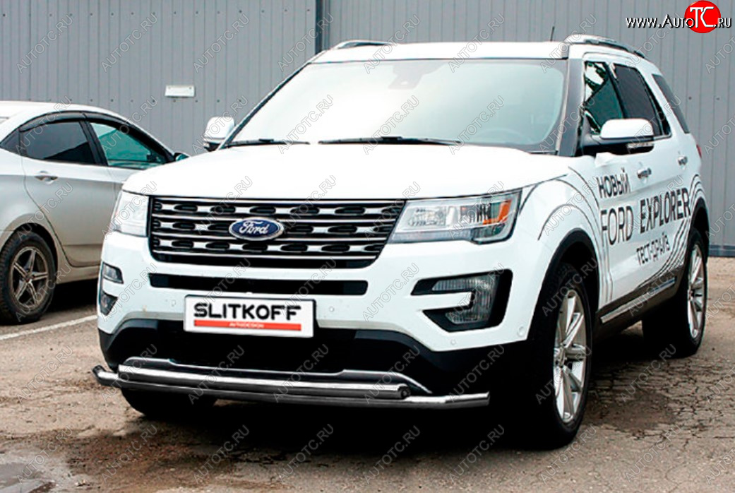 11 849 р. Защита переднего бампера Slitkoff (двойная, Ø57/57 мм)  Ford Explorer  U502 (2015-2018) 1-ый рестайлинг, 5 дв. (Цвет: серебристый)  с доставкой в г. Москва