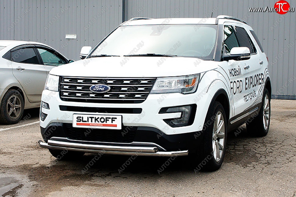 16 899 р. Защита переднего бампера Slitkoff (двойная, d57/57 мм)  Ford Explorer  U502 (2017-2019) 2-ой рестайлинг, 5 дв. (Нержавейка, Полированная)  с доставкой в г. Москва