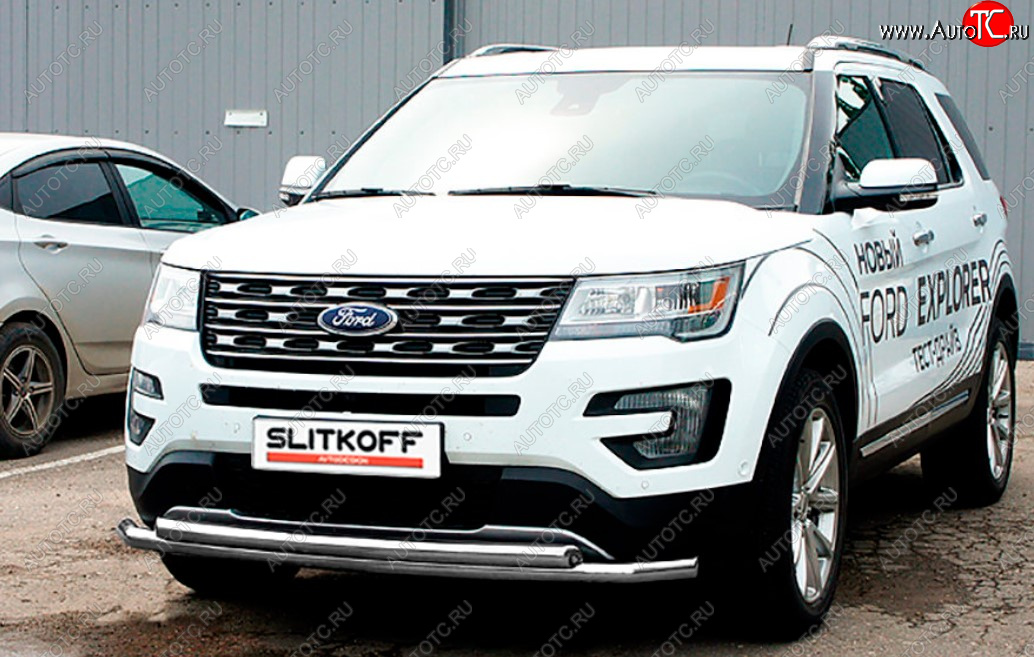 11 849 р. Защита переднего бампера Slitkoff (Ø 57+Ø 57, двойная).  Ford Explorer  U502 (2017-2019) 2-ой рестайлинг, 5 дв. (Сталь с полимерным покрытием. Цвет: серебристый)  с доставкой в г. Москва