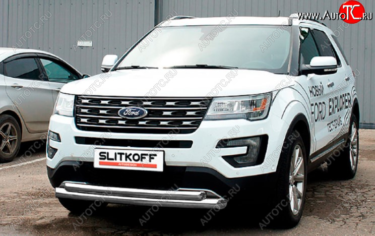 13 599 р. Защита переднего бампера Slitkoff (Ø 76+Ø 57, двойная).  Ford Explorer  U502 (2017-2019) 2-ой рестайлинг, 5 дв. (Сталь с полимерным покрытием. Цвет: серебристый)  с доставкой в г. Москва