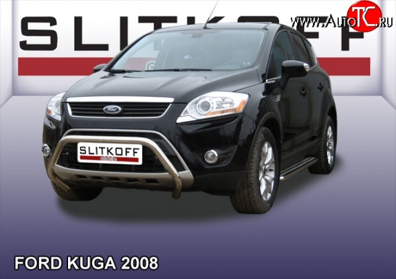 24 999 р. Усиленная низкая защита переднего бампера Slitkoff Ford Kuga 1 (2008-2013) (Нержавейка, Полированная)  с доставкой в г. Москва