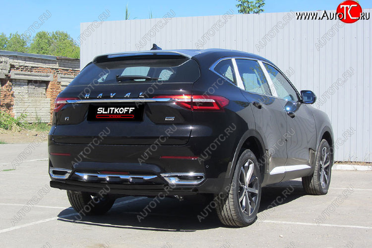 8 399 р. Защита заднего бампера (d57+d42) Slitkoff  Haval F7x (2019-2022)  дорестайлинг (Цвет: черный)  с доставкой в г. Москва