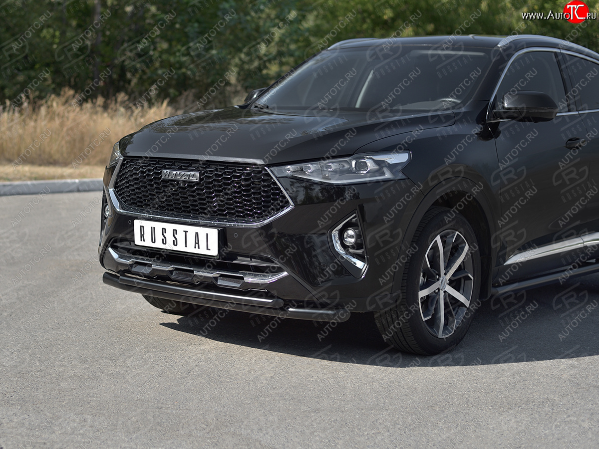 12 349 р. Защита переднего бампера SLITKOFF (Ø57 секции/Ø42 дуга)  Haval F7x (2019-2022) дорестайлинг (нержавейка с полимерным покрытием, черный)  с доставкой в г. Москва