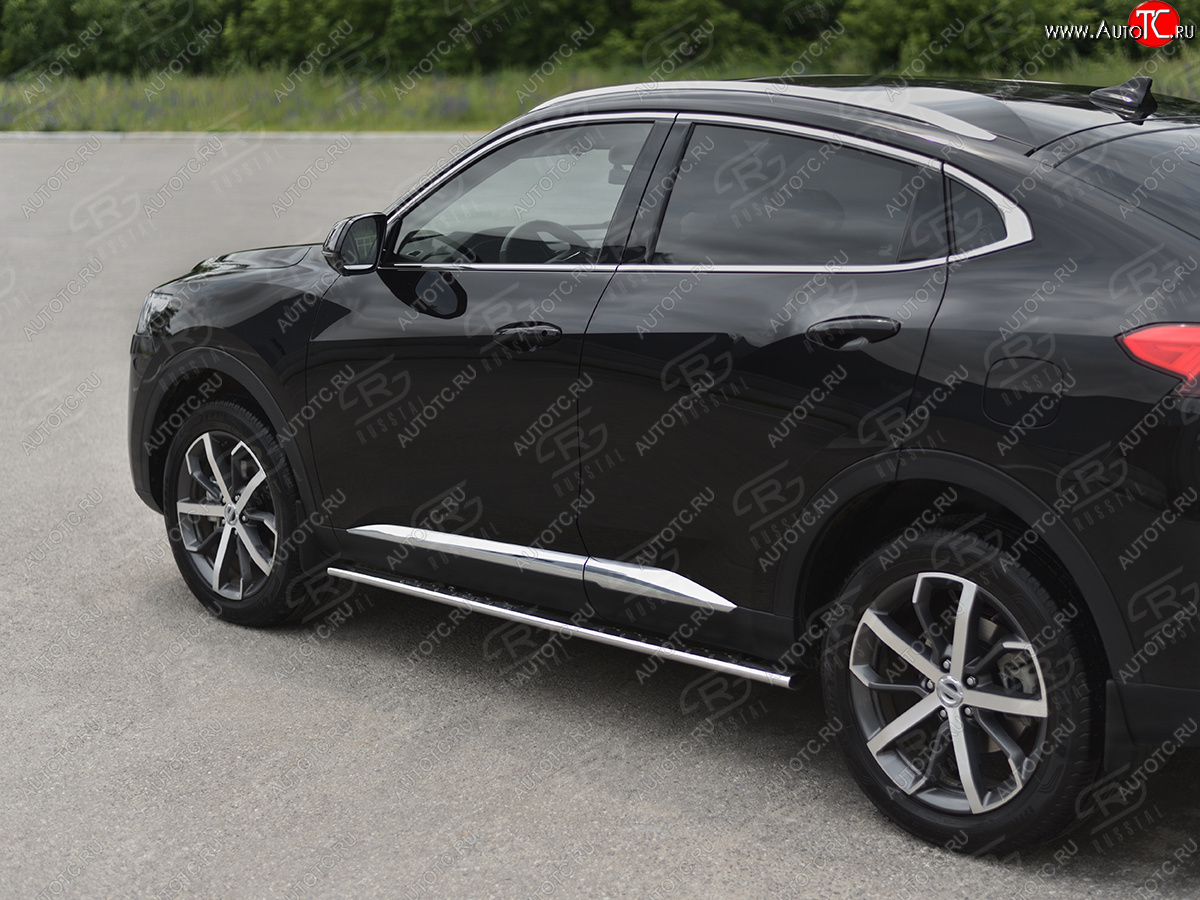 23 749 р. Защита порогов (Ø75x42 мм, с проступью) Russtal Haval F7x  дорестайлинг (2019-2022) (полированная нержавейка)  с доставкой в г. Москва