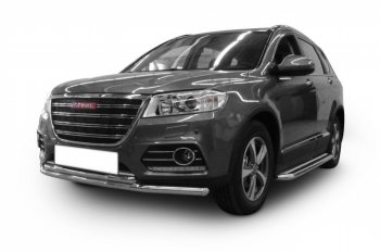 7 899 р. Защита переднего бампера Slitkoff (Ø 57+Ø 57).  Haval H2 ( 2) (2014-2024) (Цвет: серебристый)  с доставкой в г. Москва. Увеличить фотографию 1