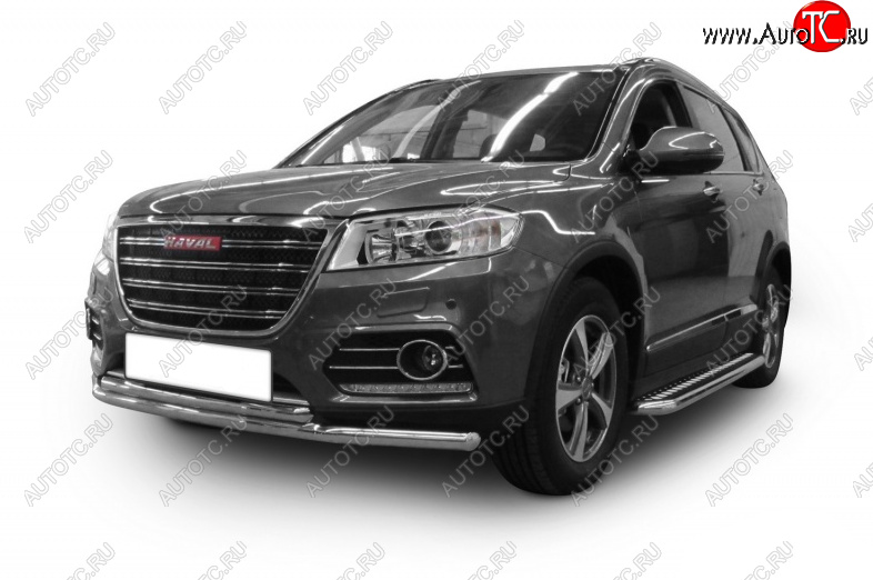 7 899 р. Защита переднего бампера Slitkoff (Ø 57+Ø 57).  Haval H2 ( 2) (2014-2024) (Цвет: серебристый)  с доставкой в г. Москва