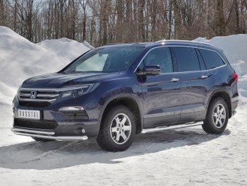 Защита переднего бампера (2 трубы Ø63 и 42 мм, нержавейка) SLITKOFF Honda Pilot YF6 дорестайлинг (2016-2019)