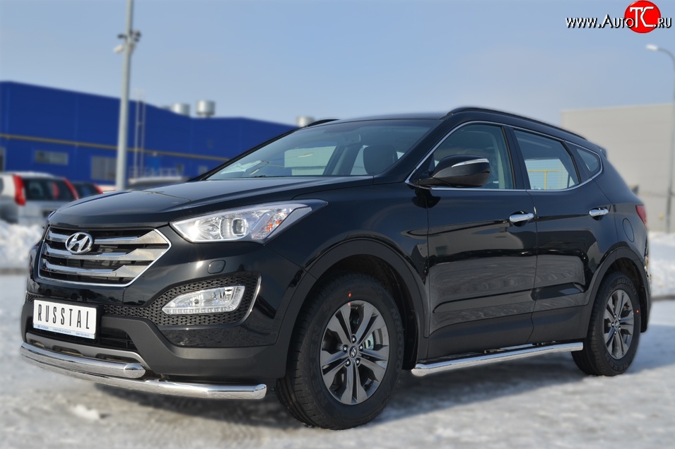 14 849 р. Защита порогов из круглой трубы диаметром 63 мм Russtal Hyundai Santa Fe DM дорестайлинг (2012-2016) (Защита порогов с со скосами на торцах (вариант 1))  с доставкой в г. Москва