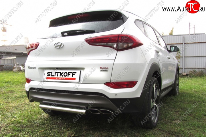 8 899 р. Защита заднего бампера из короткой трубы диаметром 57 мм Slitkoff Hyundai Tucson TL дорестайлинг (2015-2018) (Нержавейка, Полированная)  с доставкой в г. Москва