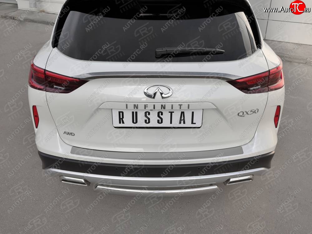 2 199 р. Защитная накладка на задний бампер Russtal (нержавейка зеркальная) INFINITI Qx50 J55 (2017-2022)  с доставкой в г. Москва