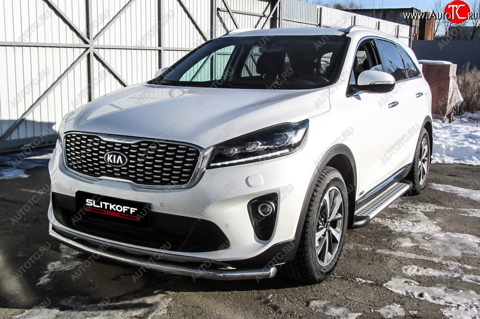 12 999 р. Защита переднего бампера Slitkoff (двойная, d57/42)  KIA Sorento  UM/Prime (2018-2020) рестайлинг (Нержавейка, Полированная)  с доставкой в г. Москва