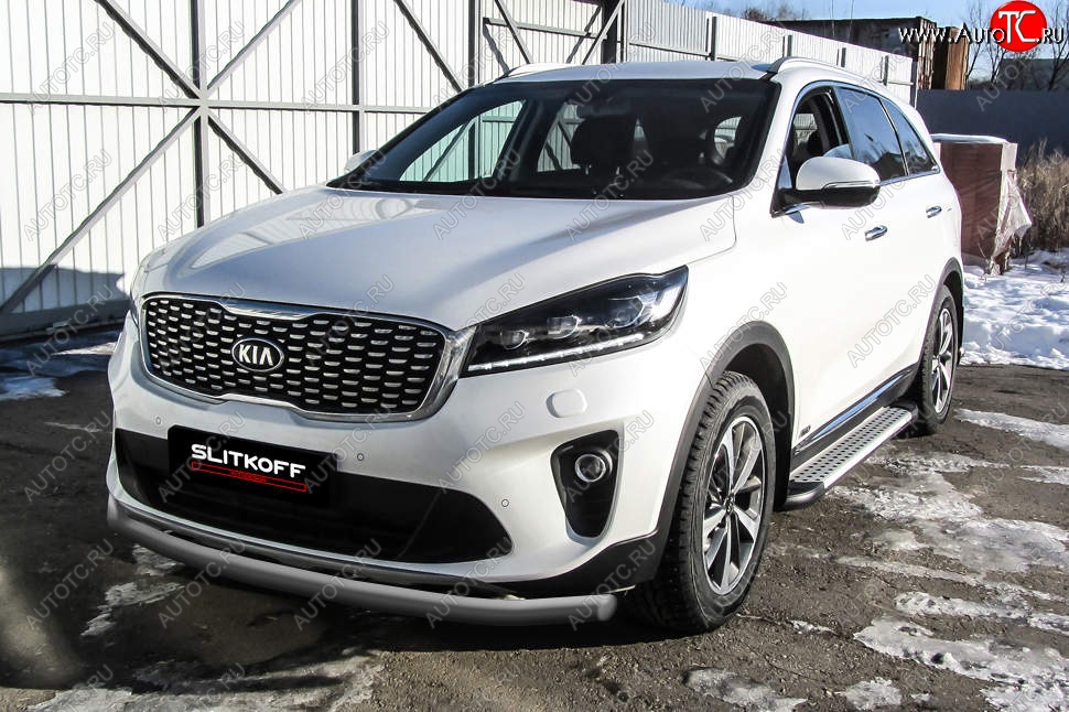 8 999 р. Защита переднего бампера Slitkoff (двойная, d57/42)  KIA Sorento  UM/Prime (2018-2020) рестайлинг (Сталь с полимерным покрытием. Цвет: серебристый)  с доставкой в г. Москва