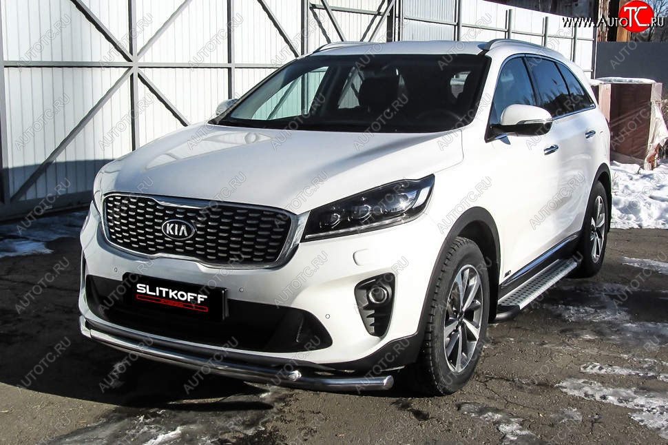 13 749 р. Защита переднего бампера Slitkoff (двойная, d57/42)  KIA Sorento  UM/Prime (2018-2020) рестайлинг (Нержавейка, Полированная)  с доставкой в г. Москва