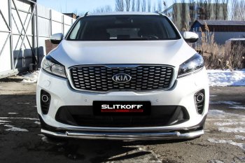 13 749 р. Защита переднего бампера Slitkoff (двойная, d57/42)  KIA Sorento  UM/Prime (2018-2020) рестайлинг (Нержавейка, Полированная)  с доставкой в г. Москва. Увеличить фотографию 2