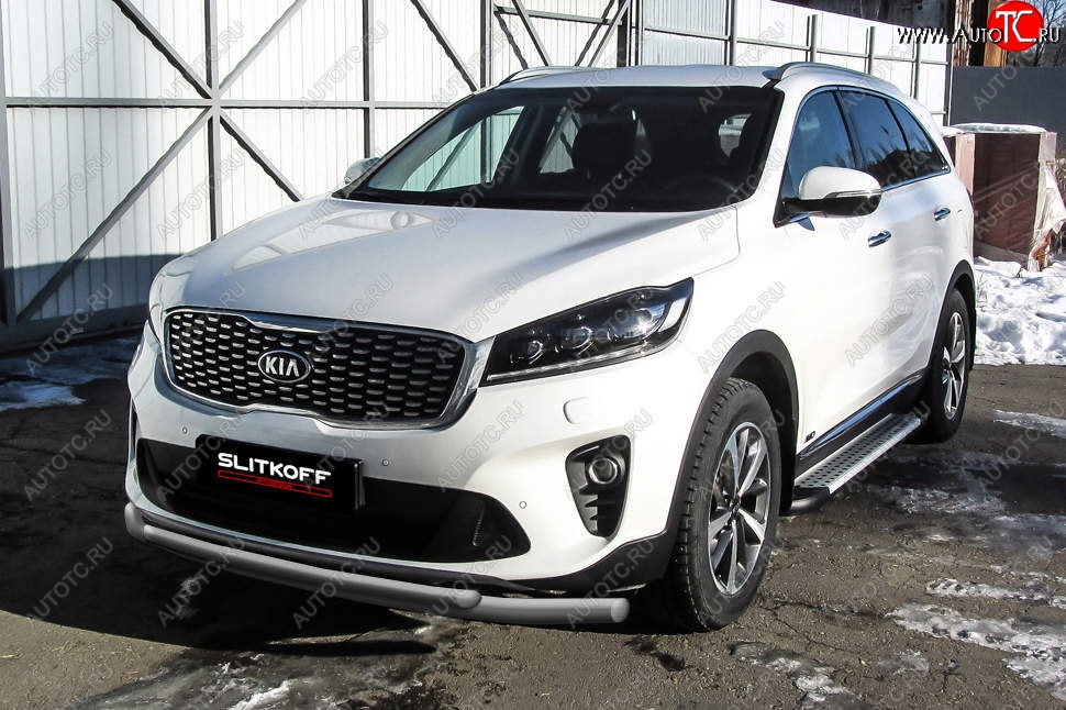 9 649 р. Защита переднего бампера Slitkoff (двойная, d57/42)  KIA Sorento  UM/Prime (2018-2020) рестайлинг (Сталь с полимерным покрытием. Цвет: серебристый)  с доставкой в г. Москва