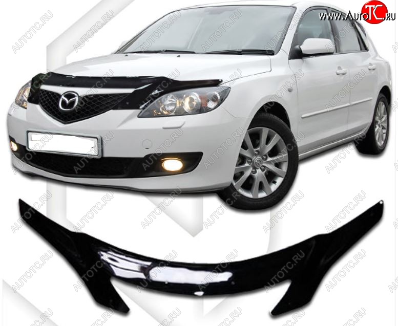 2 599 р. Дефлектор капота CA-Plastiс  Mazda 3/Axela  BK (2003-2009) дорестайлинг, хэтчбэк, рестайлинг, хэтчбэк (Classic черный, Без надписи)  с доставкой в г. Москва