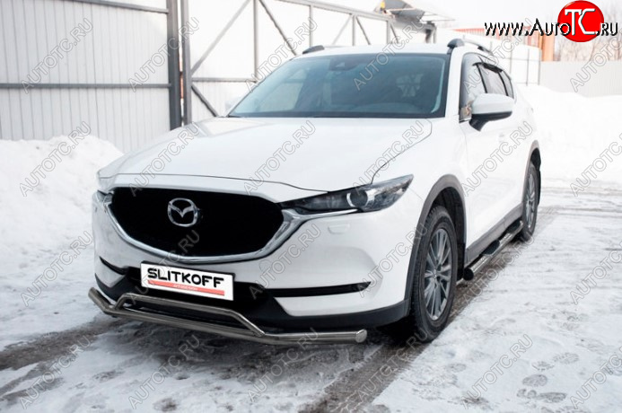 10 599 р. Защита переднего бампера Slitkoff (Ø 57+Ø 32, двойная).  Mazda CX-5  KF (2016-2025) (Сталь с полимерным покрытием. Цвет: серебристый)  с доставкой в г. Москва