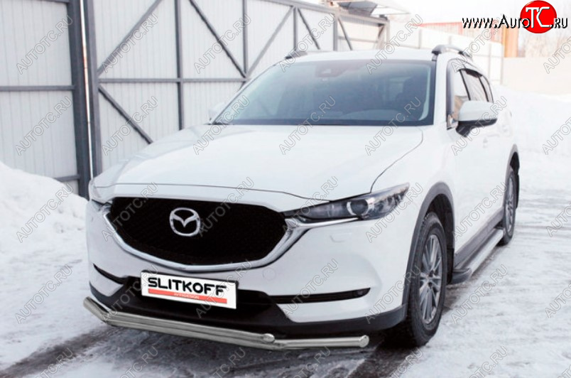 11 899 р. Защита переднего бампера Slitkoff (Ø 57+Ø 42, двойная). Mazda CX-5 KF (2016-2024) (Сталь с полимерным покрытием. Цвет: серебристый)  с доставкой в г. Москва