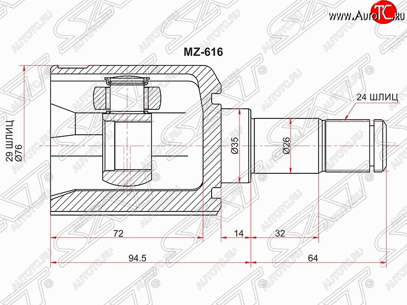 6 549 р. Шрус (внутренний/левый) SAT (29*24*35 мм) Mazda 323/Familia седан BJ дорестайлинг (1998-2000)  с доставкой в г. Москва