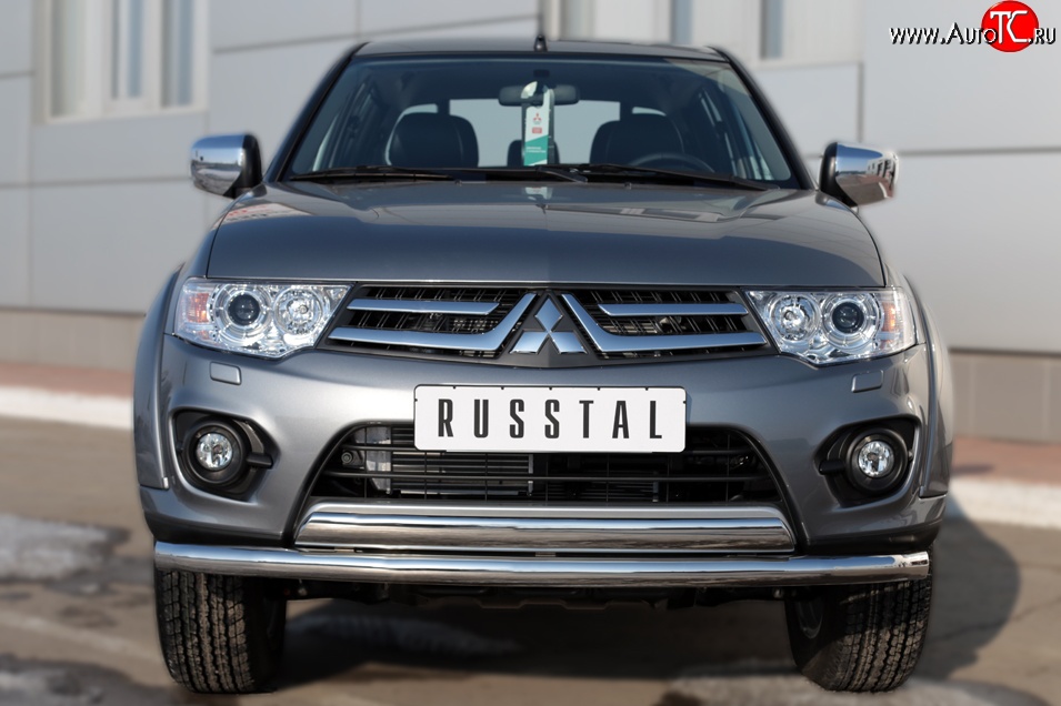 22 949 р. Защита переднего бампера (2 трубы Ø63 и 75х42 мм, нержавейка) Russtal Mitsubishi L200 5 KK,KL дорестайлинг (2015-2019)  с доставкой в г. Москва