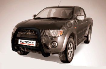 23 799 р. Защита переднего бампера Slitkoff (Ø76 мм, кенгурятник)  Mitsubishi L200  4 (2006-2014)  дорестайлинг (Цвет: черный)  с доставкой в г. Москва. Увеличить фотографию 1