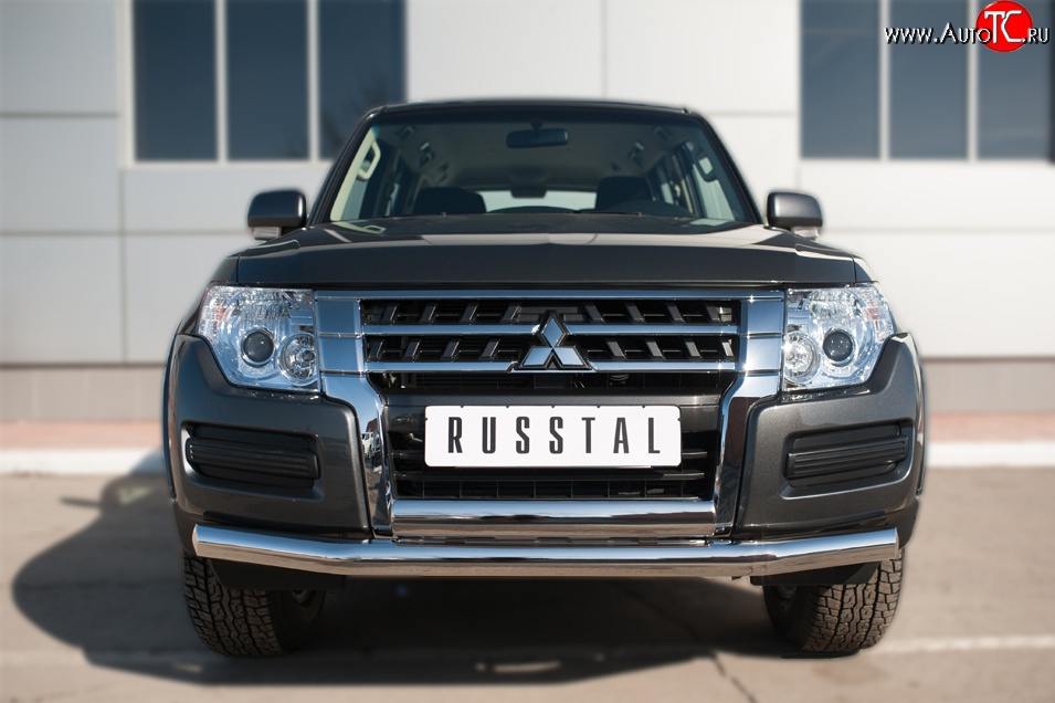 22 949 р. Защита переднего бампера (2 трубы Ø76 и 75х42 мм, нержавейка) Russtal Mitsubishi Pajero 4 V90 2-ой рестайлинг (2014-2020)  с доставкой в г. Москва