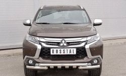 Защита переднего бампера (2 трубы Ø63 мм с зубами, нержавейка) SLITKOFF Mitsubishi Pajero Sport QE дорестайлинг (2015-2021)