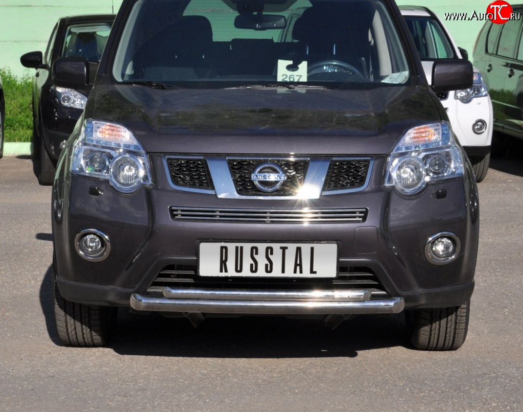 10 899 р. Защита переднего бампера (2 трубыØ63 и 42 мм, нержавейка) Russtal Nissan X-trail 2 T31 рестайлинг (2010-2015)  с доставкой в г. Москва