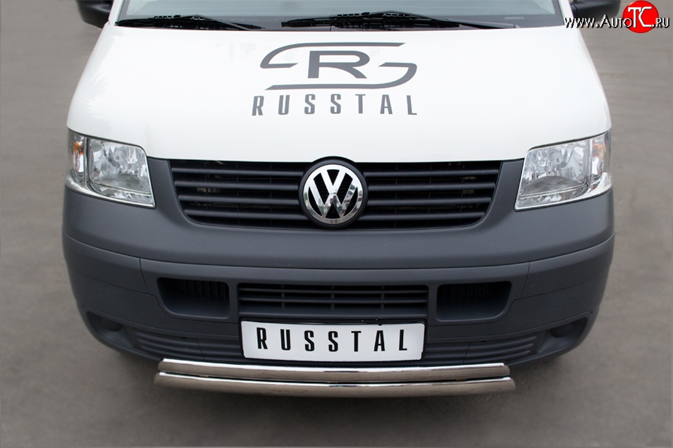 22 299 р. Защита переднего бампера (2 трубыØ75х42 мм, нержавейка) Russtal Volkswagen Transporter T5 дорестайлинг (2003-2009)  с доставкой в г. Москва