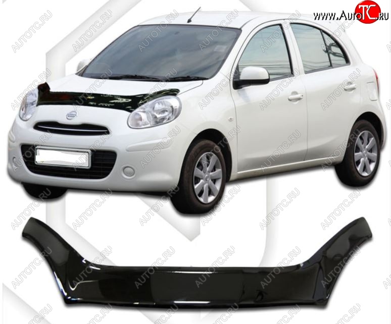 2 399 р. Дефлектор капота CA-Plastiс exclusive  Nissan Micra  K13 (2010-2013) 5 дв. дорестайлинг (Classic черный, Без надписи)  с доставкой в г. Москва