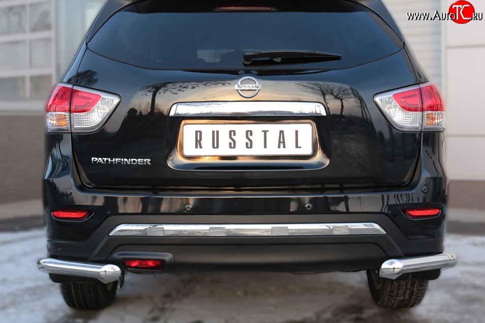 17 999 р. Защита заднего бампера (Ø63 мм уголки, нержавейка) SLITKOFF Nissan Pathfinder R52 дорестайлинг (2012-2017)  с доставкой в г. Москва