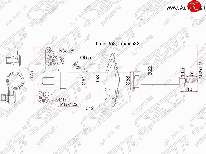 4 199 р. Левый амортизатор передний SAT Nissan Primera 3 седан P12 (2001-2008)  с доставкой в г. Москва