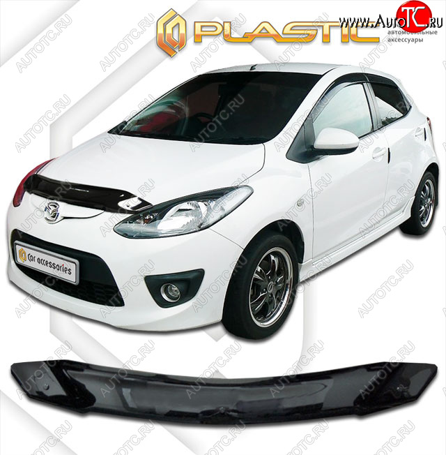 1 839 р. Дефлектор капота CA-Plastic  Mazda 2/Demio  DE (2007-2014) дорестайлинг, рестайлинг (classic черный, без надписи)  с доставкой в г. Москва