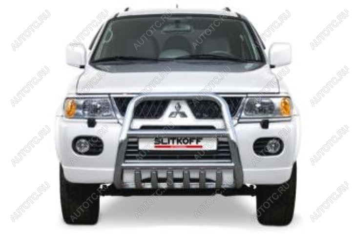 18 399 р. Защита переднего бампера кенгурятник d57 высокий Slitkoff  Mitsubishi Pajero Sport  PA (2004-2008) рестайлинг (Сталь с полимерным покрытием в цвет серебристый)  с доставкой в г. Москва